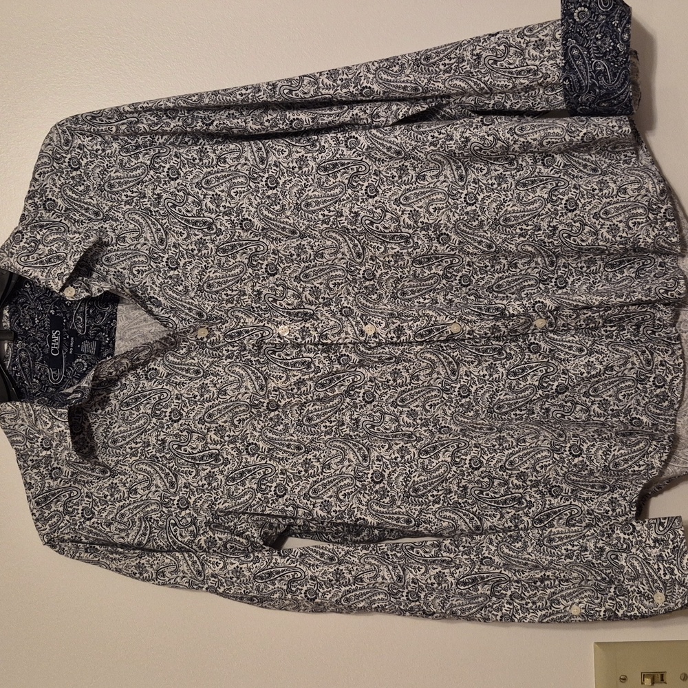 Chaps Womens Navy Blue Paisley Print On White Button Up Long Sleeve Blouse SZ M